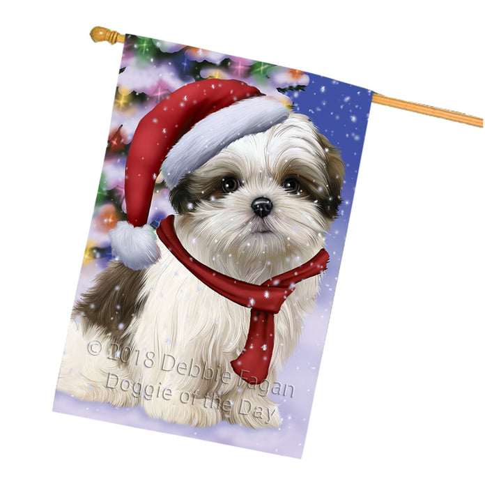 Winterland Wonderland Malti Tzu Dog In Christmas Holiday Scenic Background House Flag FLG53969