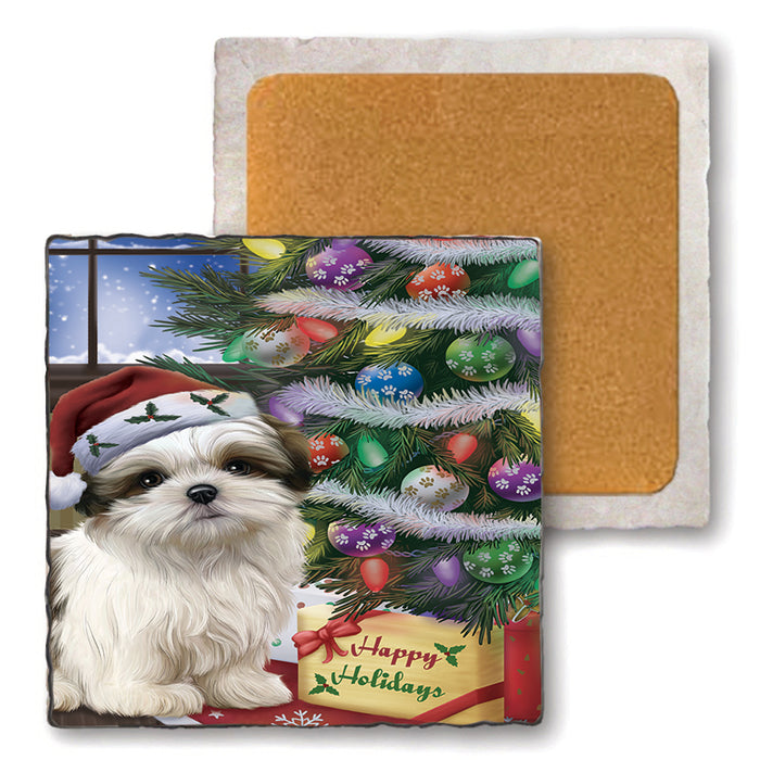 Christmas Happy Holidays Malti Tzu Dog with Tree and Presents Set of 4 Natural Stone Marble Tile Coasters MCST48467