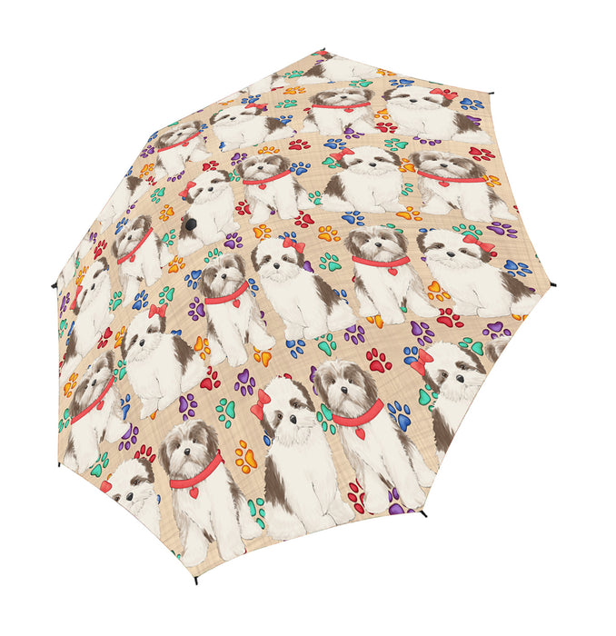 Rainbow Paw Print Malti Tzu Dogs Red Semi-Automatic Foldable Umbrella