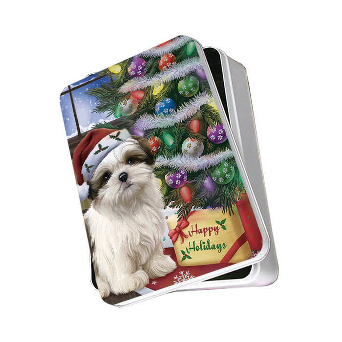 Christmas Happy Holidays Malti Tzu Dog with Tree and Presents Photo Storage Tin PITN53467
