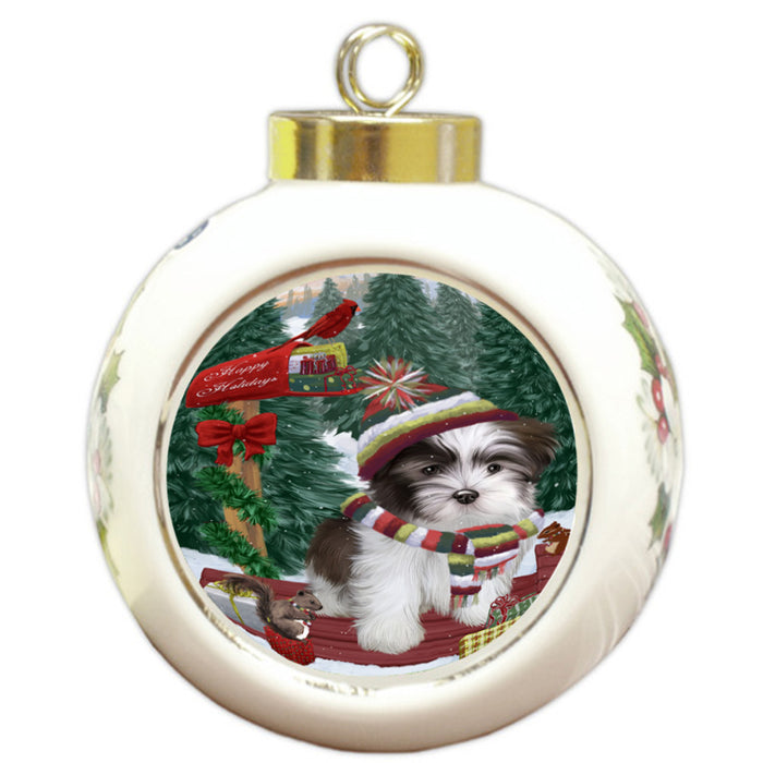 Merry Christmas Woodland Sled Malti Tzu Dog Round Ball Christmas Ornament RBPOR55331