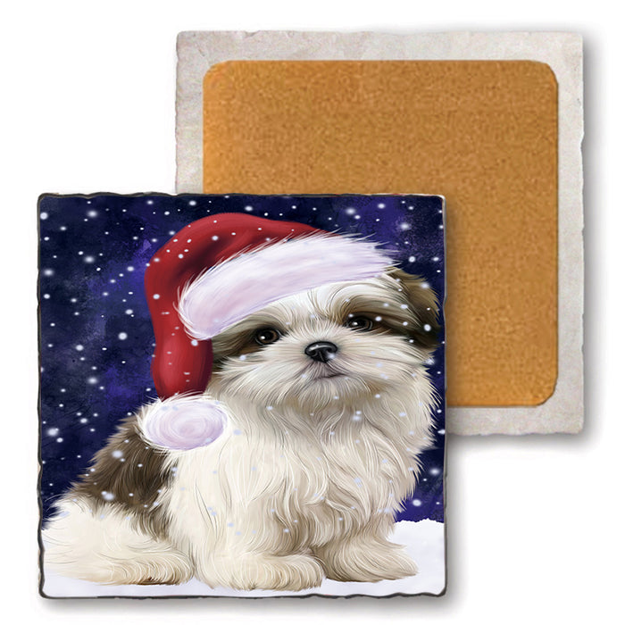 Let it Snow Christmas Holiday Malti Tzu Dog Wearing Santa Hat Set of 4 Natural Stone Marble Tile Coasters MCST49313