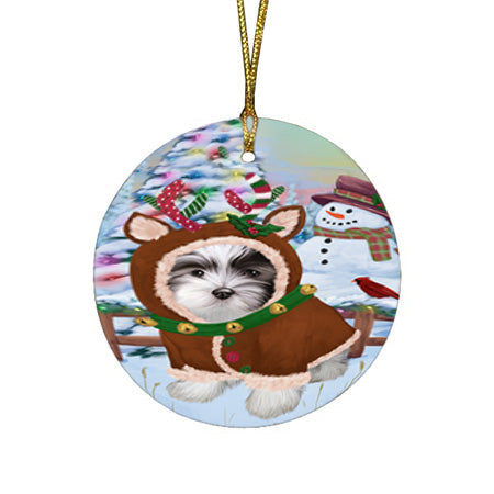 Christmas Gingerbread House Candyfest Malti Tzu Dog Round Flat Christmas Ornament RFPOR56811