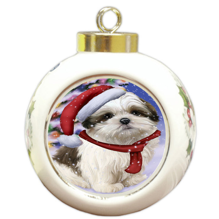 Winterland Wonderland Malti Tzu Dog In Christmas Holiday Scenic Background Round Ball Christmas Ornament RBPOR53771