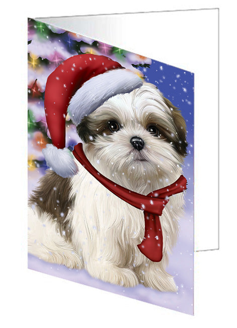 Winterland Wonderland Malti Tzu Dog In Christmas Holiday Scenic Background Handmade Artwork Assorted Pets Greeting Cards and Note Cards with Envelopes for All Occasions and Holiday Seasons GCD65342
