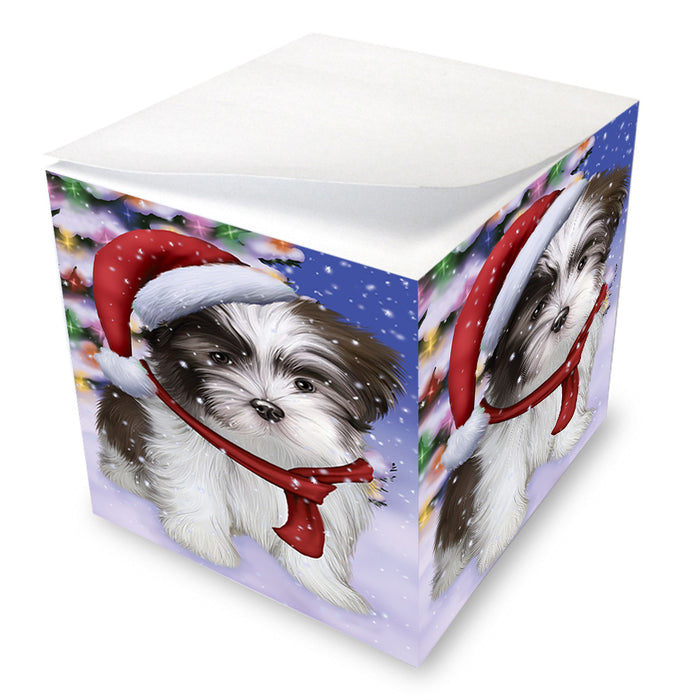 Winterland Wonderland Malti Tzu Dog In Christmas Holiday Scenic Background Note Cube NOC55418