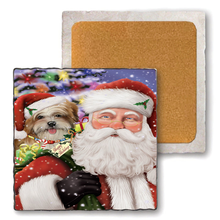 Santa Carrying Malti Tzu Dog and Christmas Presents Set of 4 Natural Stone Marble Tile Coasters MCST48699