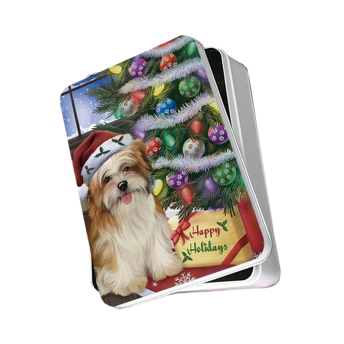 Christmas Happy Holidays Malti Tzu Dog with Tree and Presents Photo Storage Tin PITN53468