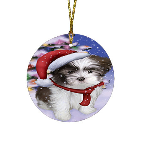 Winterland Wonderland Malti Tzu Dog In Christmas Holiday Scenic Background Round Flat Christmas Ornament RFPOR53763