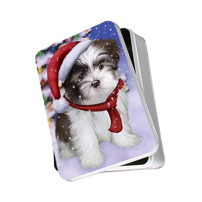 Winterland Wonderland Malti Tzu Dog In Christmas Holiday Scenic Background Photo Storage Tin PITN53715