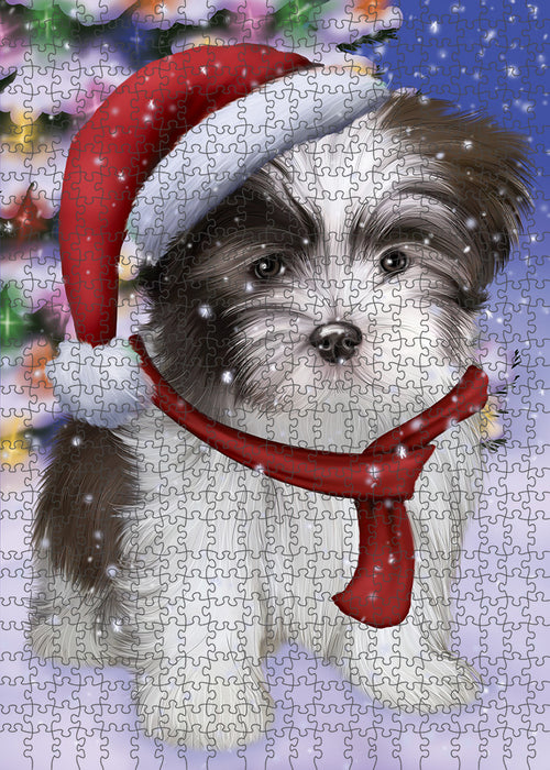 Winterland Wonderland Malti Tzu Dog In Christmas Holiday Scenic Background Puzzle with Photo Tin PUZL82244