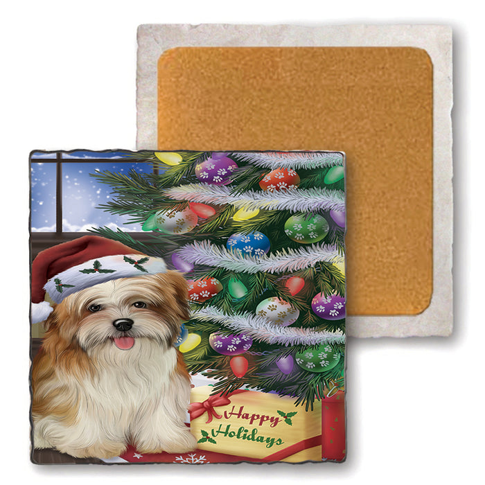 Christmas Happy Holidays Malti Tzu Dog with Tree and Presents Set of 4 Natural Stone Marble Tile Coasters MCST48468