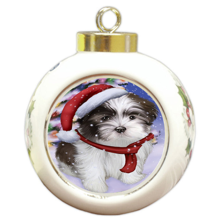 Winterland Wonderland Malti Tzu Dog In Christmas Holiday Scenic Background Round Ball Christmas Ornament RBPOR53772