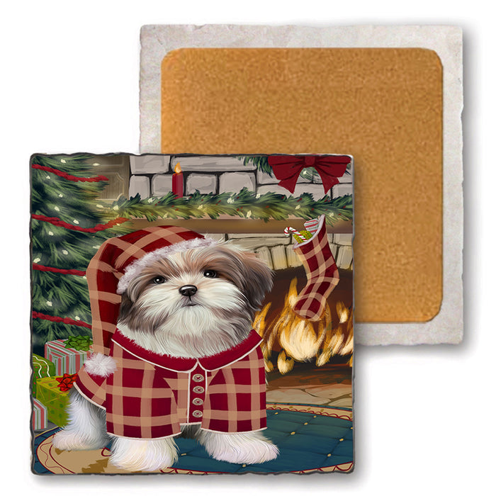 The Stocking was Hung Malti Tzu Dog Set of 4 Natural Stone Marble Tile Coasters MCST50366