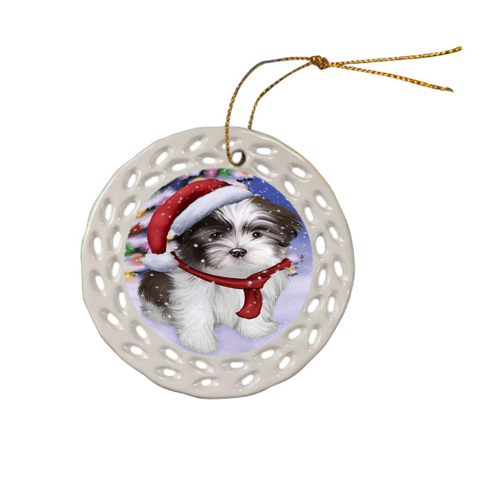 Winterland Wonderland Malti Tzu Dog In Christmas Holiday Scenic Background Ceramic Doily Ornament DPOR53772