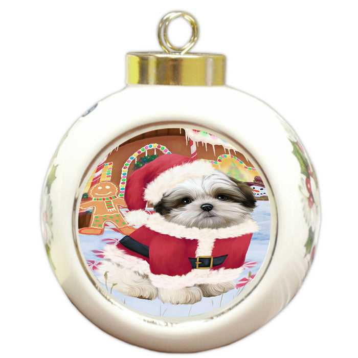 Christmas Gingerbread House Candyfest Malti Tzu Dog Round Ball Christmas Ornament RBPOR56812