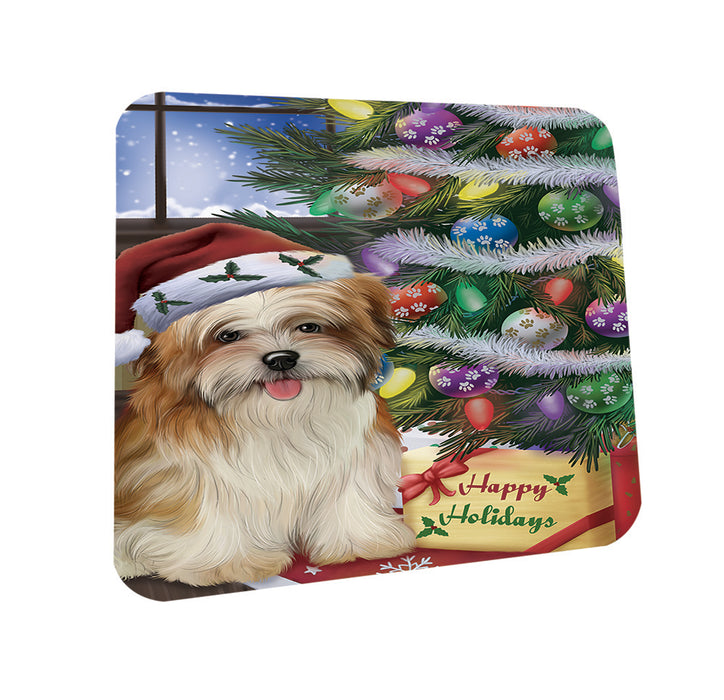 Christmas Happy Holidays Malti Tzu Dog with Tree and Presents Coasters Set of 4 CST53426