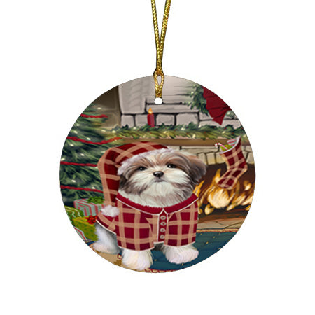 The Stocking was Hung Malti Tzu Dog Round Flat Christmas Ornament RFPOR55722