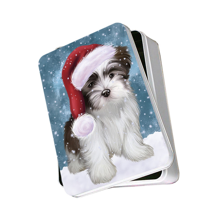 Let it Snow Christmas Holiday Malti Tzu Dog Wearing Santa Hat Photo Storage Tin PITN54257