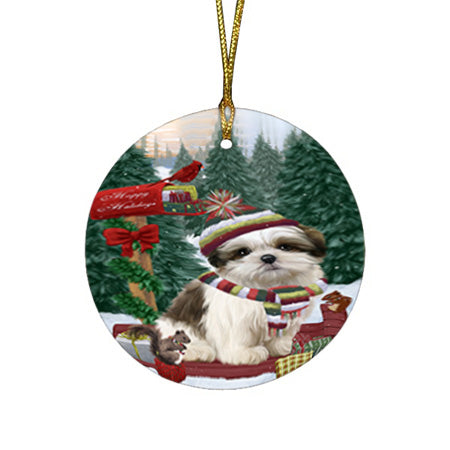 Merry Christmas Woodland Sled Malti Tzu Dog Round Flat Christmas Ornament RFPOR55332