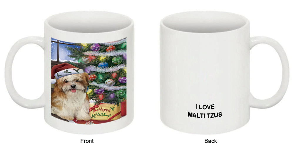 Christmas Happy Holidays Malti Tzu Dog with Tree and Presents Coffee Mug MUG48866