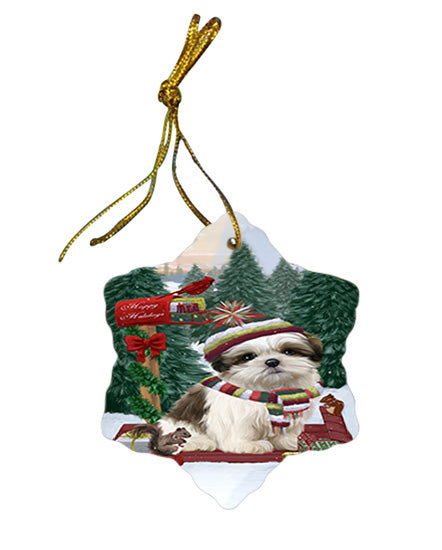 Merry Christmas Woodland Sled Malti Tzu Dog Star Porcelain Ornament SPOR55332