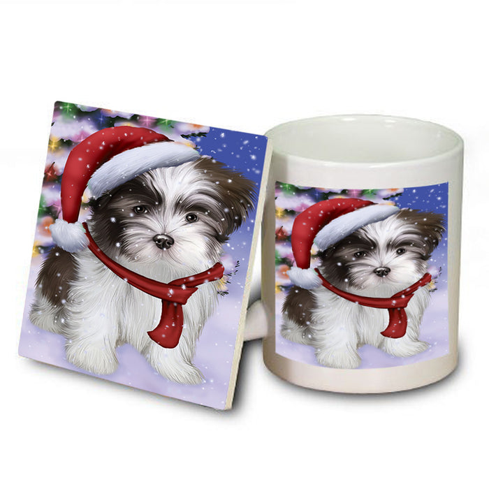 Winterland Wonderland Malti Tzu Dog In Christmas Holiday Scenic Background Mug and Coaster Set MUC53764