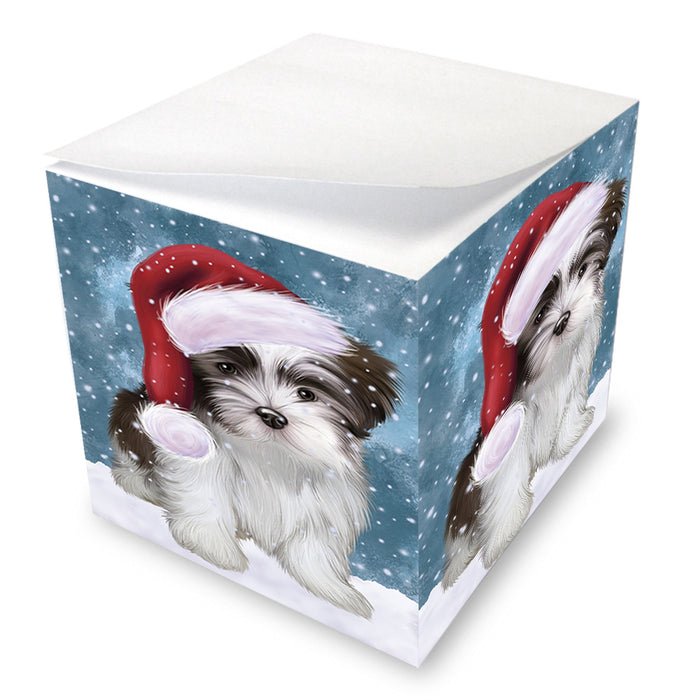 Let it Snow Christmas Holiday Malti Tzu Dog Wearing Santa Hat Note Cube NOC55960