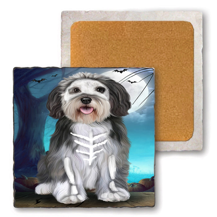 Happy Halloween Trick or Treat Malti Tzu Dog Set of 4 Natural Stone Marble Tile Coasters MCST49510
