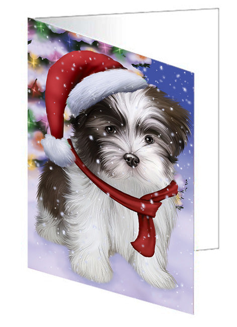 Winterland Wonderland Malti Tzu Dog In Christmas Holiday Scenic Background Handmade Artwork Assorted Pets Greeting Cards and Note Cards with Envelopes for All Occasions and Holiday Seasons GCD65345