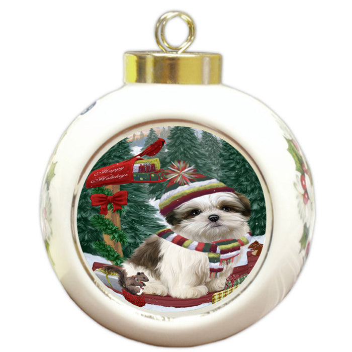 Merry Christmas Woodland Sled Malti Tzu Dog Round Ball Christmas Ornament RBPOR55332