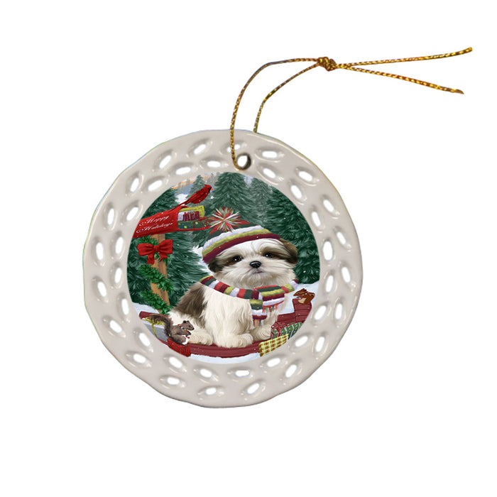 Merry Christmas Woodland Sled Malti Tzu Dog Ceramic Doily Ornament DPOR55332