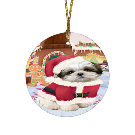 Christmas Gingerbread House Candyfest Malti Tzu Dog Round Flat Christmas Ornament RFPOR56812