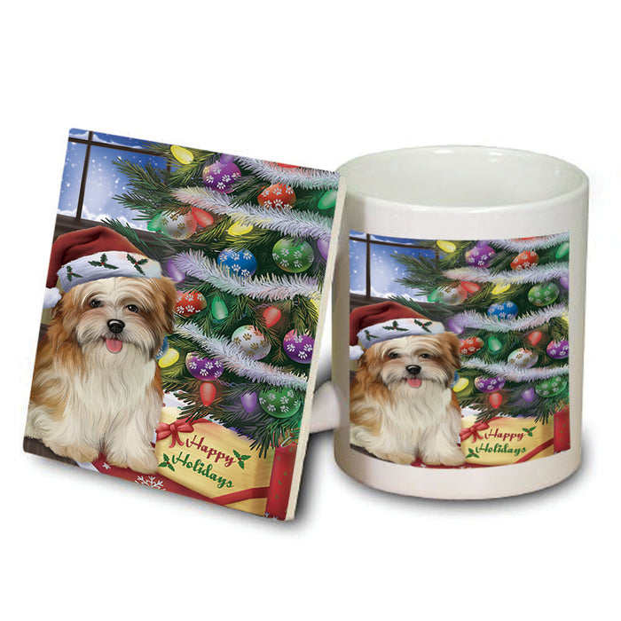 Christmas Happy Holidays Malti Tzu Dog with Tree and Presents Mug and Coaster Set MUC53460