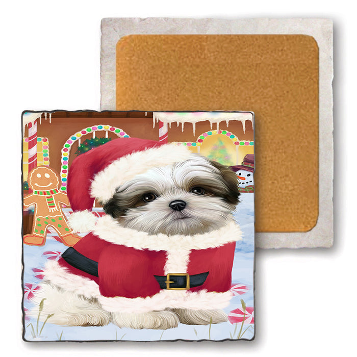 Christmas Gingerbread House Candyfest Malti Tzu Dog Set of 4 Natural Stone Marble Tile Coasters MCST51456