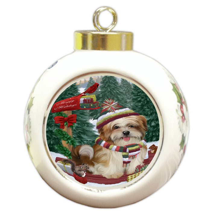 Merry Christmas Woodland Sled Malti Tzu Dog Round Ball Christmas Ornament RBPOR55333