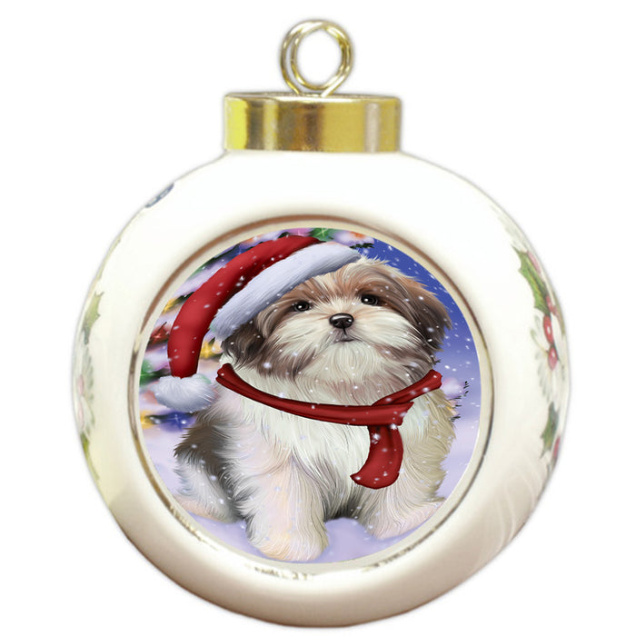Winterland Wonderland Malti Tzu Dog In Christmas Holiday Scenic Background Round Ball Christmas Ornament RBPOR53773