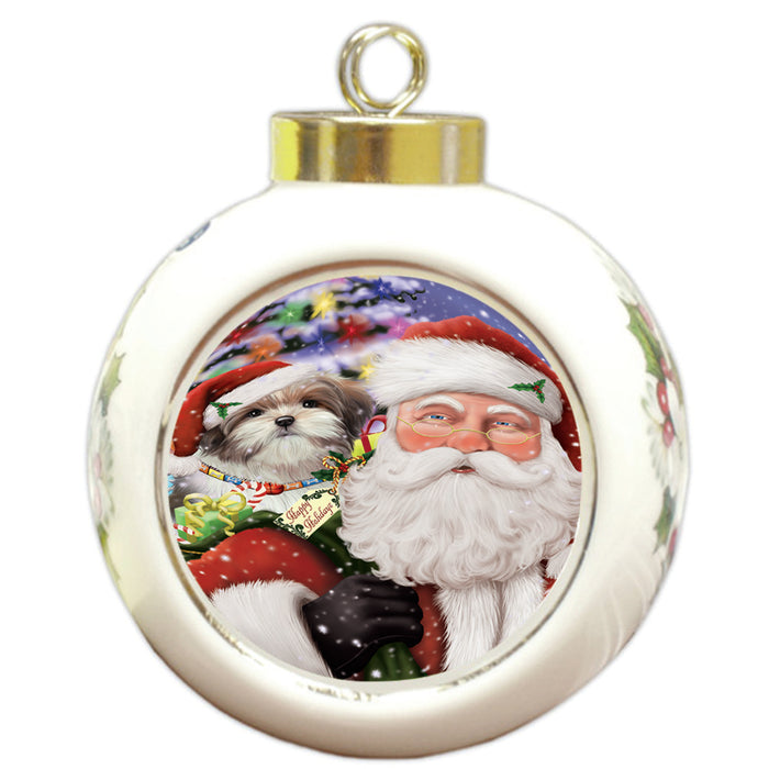 Santa Carrying Malti Tzu Dog and Christmas Presents Round Ball Christmas Ornament RBPOR53700