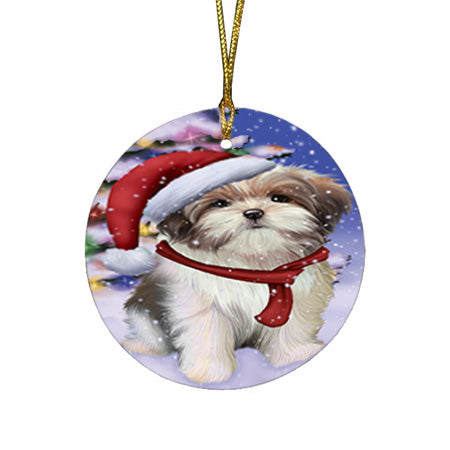 Winterland Wonderland Malti Tzu Dog In Christmas Holiday Scenic Background Round Flat Christmas Ornament RFPOR53764
