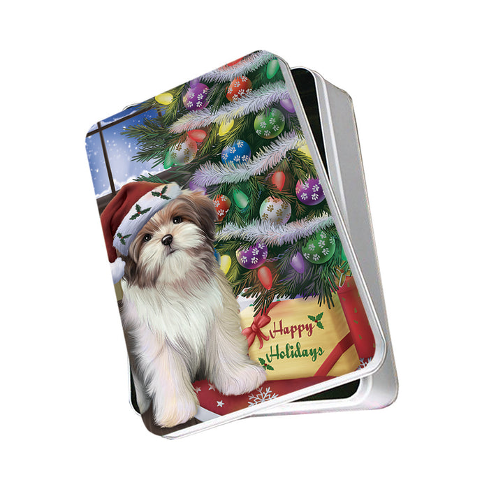 Christmas Happy Holidays Malti Tzu Dog with Tree and Presents Photo Storage Tin PITN53469