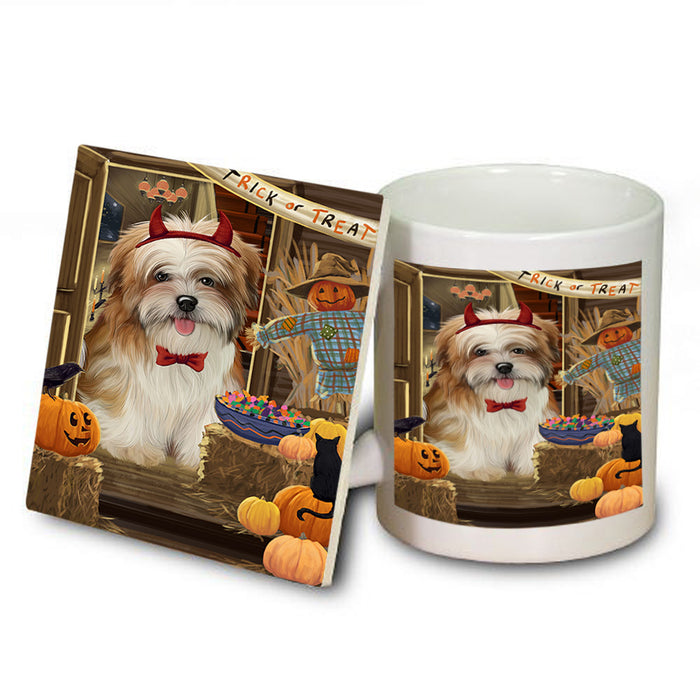 Enter at Own Risk Trick or Treat Halloween Malti Tzu Dog Mug and Coaster Set MUC53189