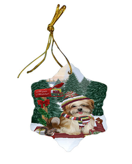 Merry Christmas Woodland Sled Malti Tzu Dog Star Porcelain Ornament SPOR55333