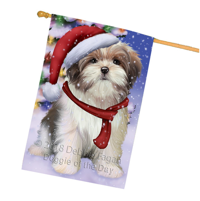 Winterland Wonderland Malti Tzu Dog In Christmas Holiday Scenic Background House Flag FLG53971