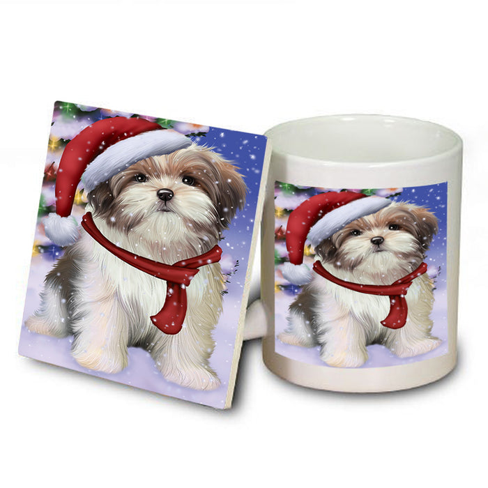 Winterland Wonderland Malti Tzu Dog In Christmas Holiday Scenic Background Mug and Coaster Set MUC53765