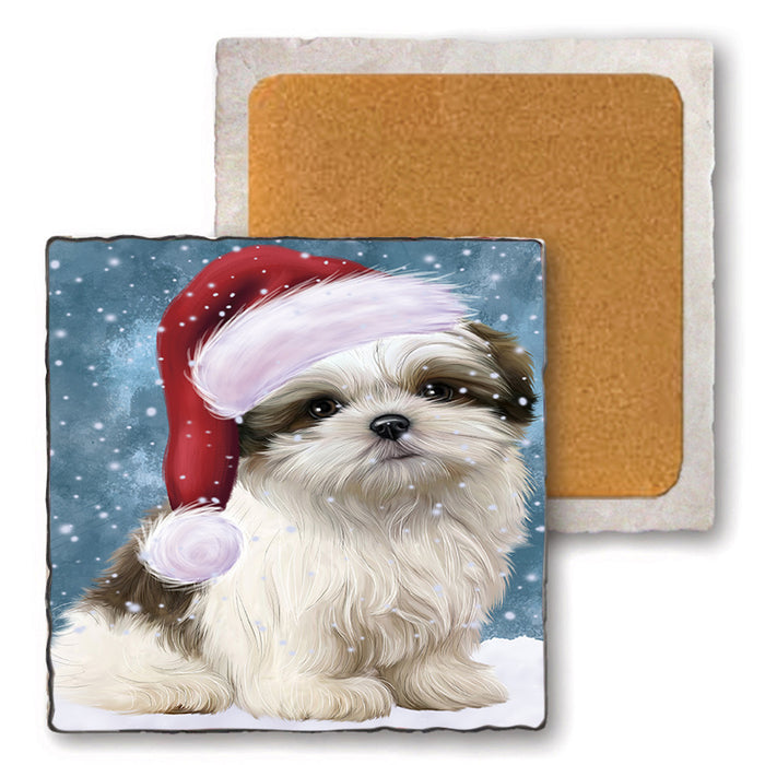 Let it Snow Christmas Holiday Malti Tzu Dog Wearing Santa Hat Set of 4 Natural Stone Marble Tile Coasters MCST49315