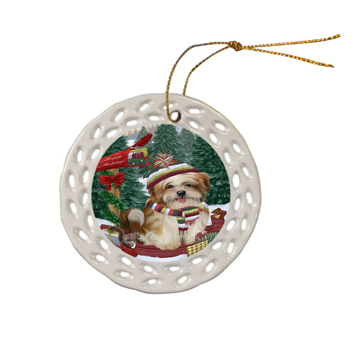 Merry Christmas Woodland Sled Malti Tzu Dog Ceramic Doily Ornament DPOR55333