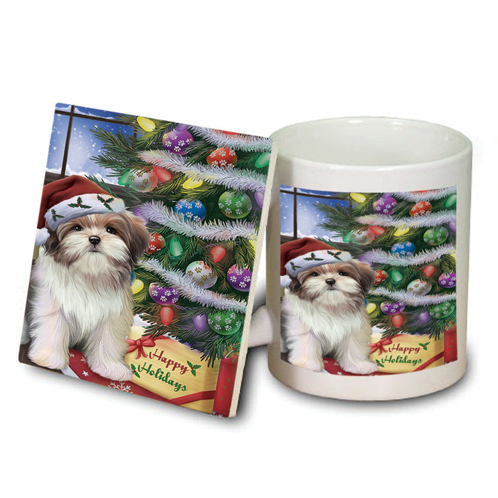 Christmas Happy Holidays Malti Tzu Dog with Tree and Presents Mug and Coaster Set MUC53461