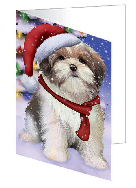 Winterland Wonderland Malti Tzu Dog In Christmas Holiday Scenic Background Handmade Artwork Assorted Pets Greeting Cards and Note Cards with Envelopes for All Occasions and Holiday Seasons GCD65348