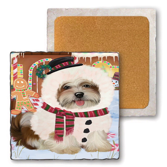 Christmas Gingerbread House Candyfest Malti Tzu Dog Set of 4 Natural Stone Marble Tile Coasters MCST51457