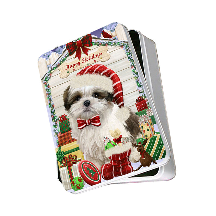 Happy Holidays Christmas Malti Tzu Dog House With Presents Photo Storage Tin PITN52159
